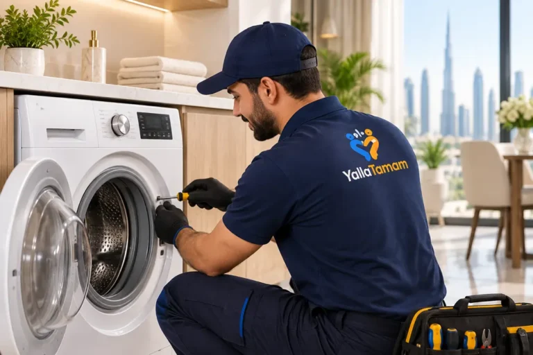 YallaTamam appliance repair technician fixing a washing machine in Dubai