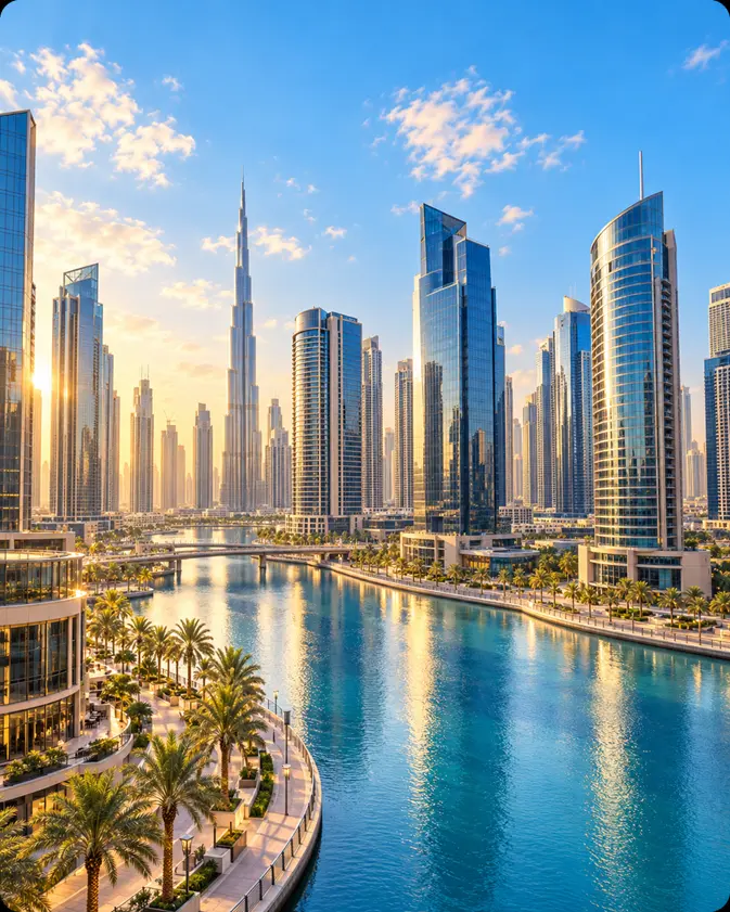 Business Bay Dubai skyline with canal and modern high-rise buildings