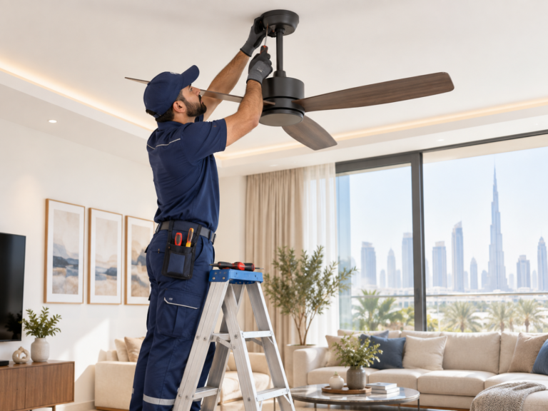 Technician installing a ceiling fan in a modern Dubai home