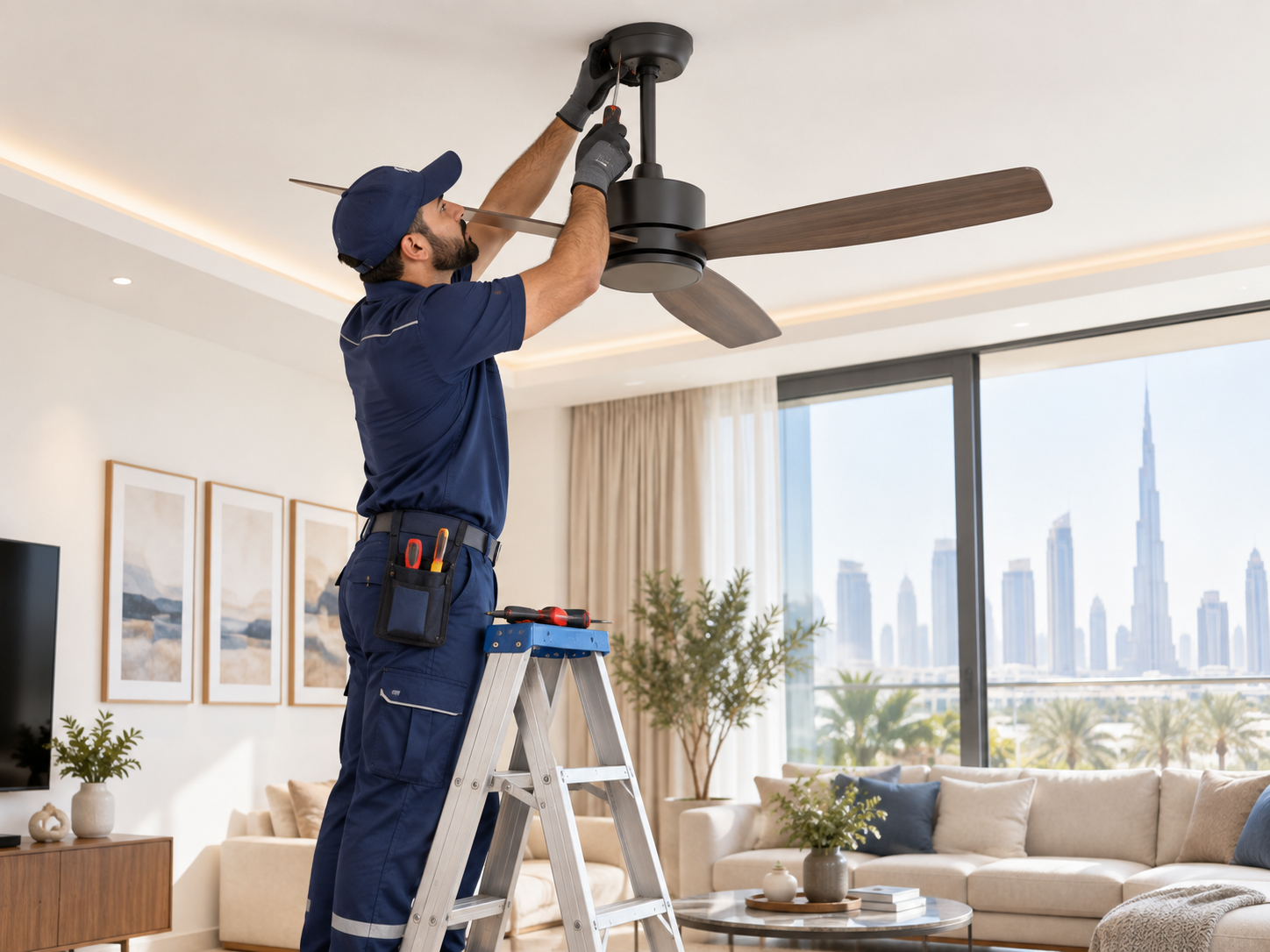 Technician installing a ceiling fan in a modern Dubai home