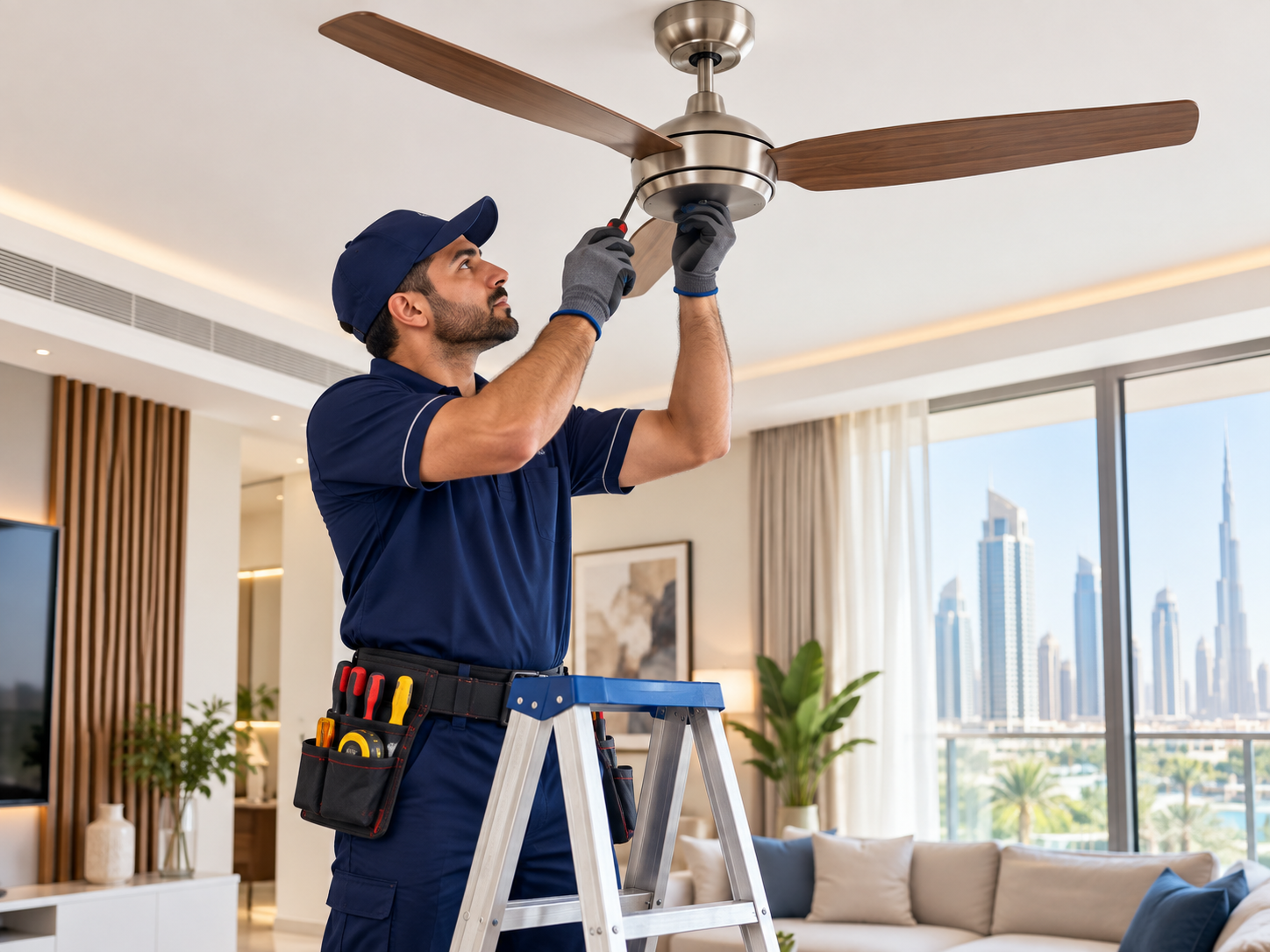 Technician repairing a ceiling fan in a Dubai apartment