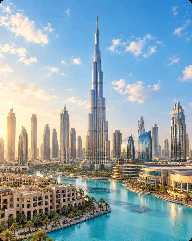 Downtown Dubai skyline with Burj Khalifa viewed in bright daylight