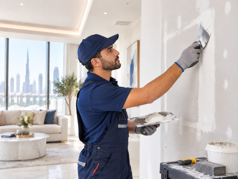 Handyman repairing drywall inside a modern Dubai home