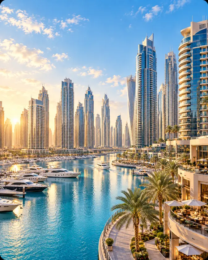 Dubai Marina waterfront skyline with towers and yachts in daylight