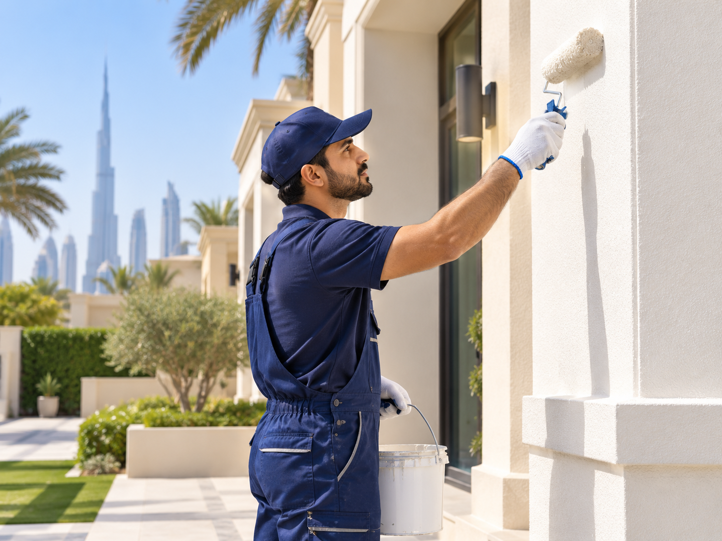 Professional exterior painter painting a villa wall in Dubai