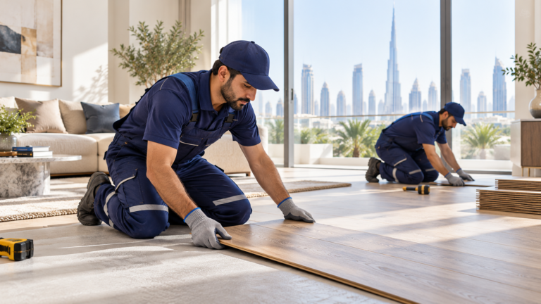 Professional flooring installers fitting new flooring in a modern Dubai apartment