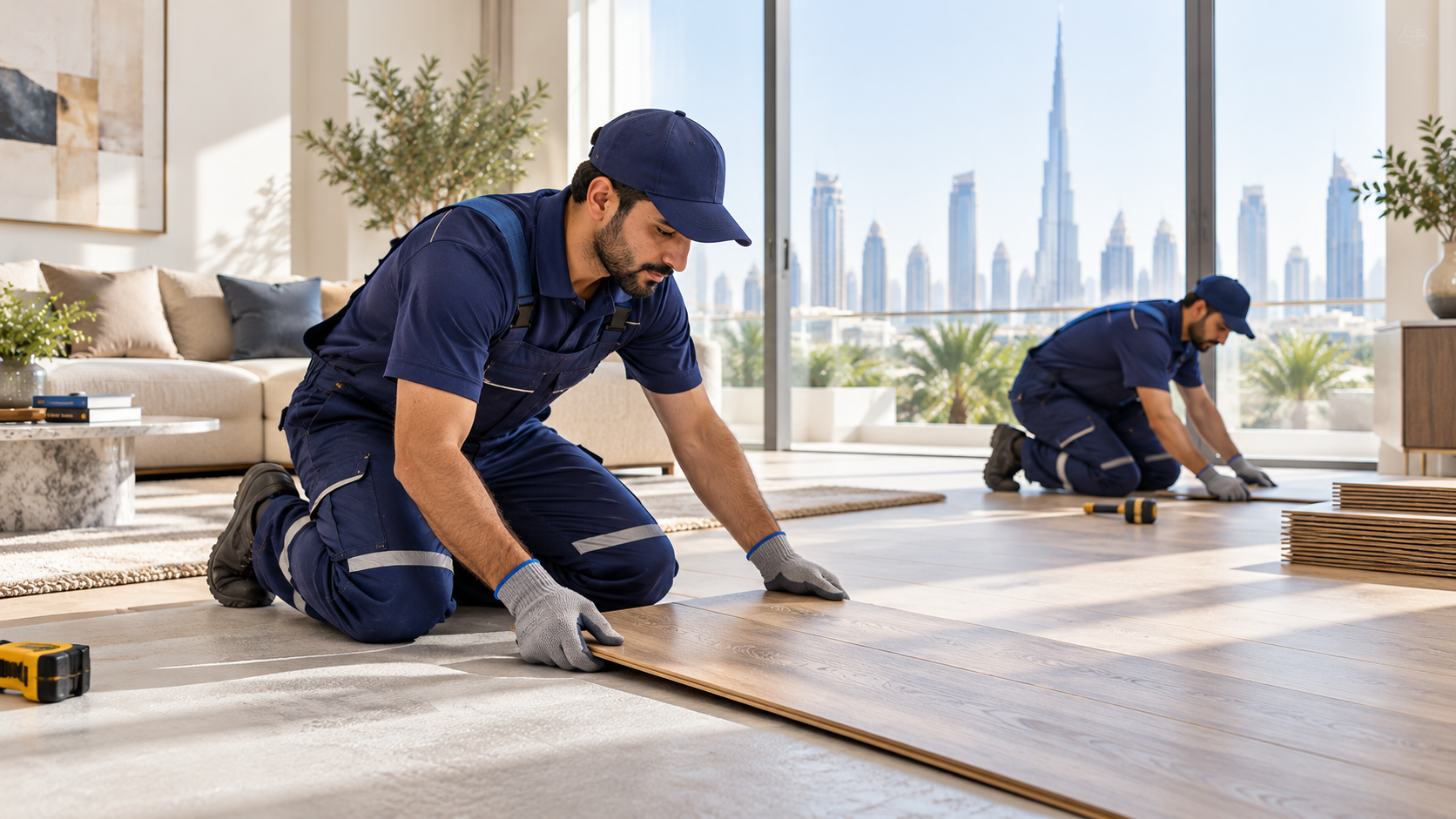 Professional flooring installers fitting new flooring in a modern Dubai apartment