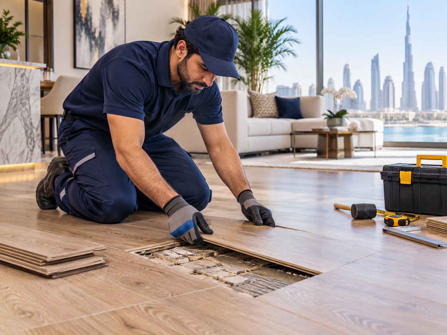 Handyman repairing damaged flooring in a modern Dubai apartment