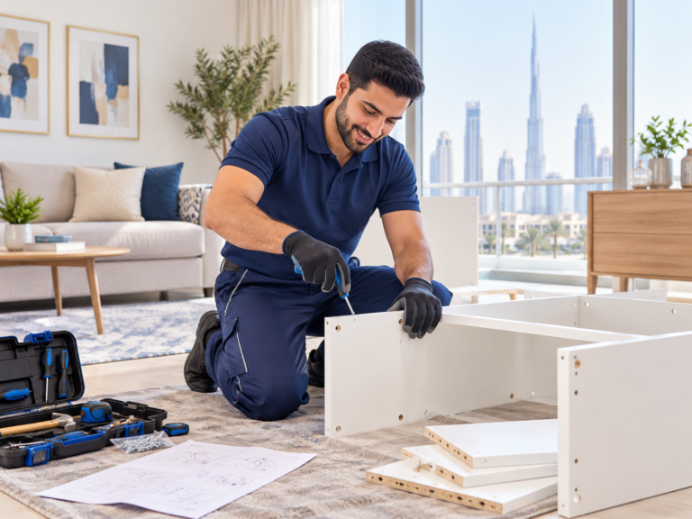 Handyman assembling furniture inside a modern Dubai home