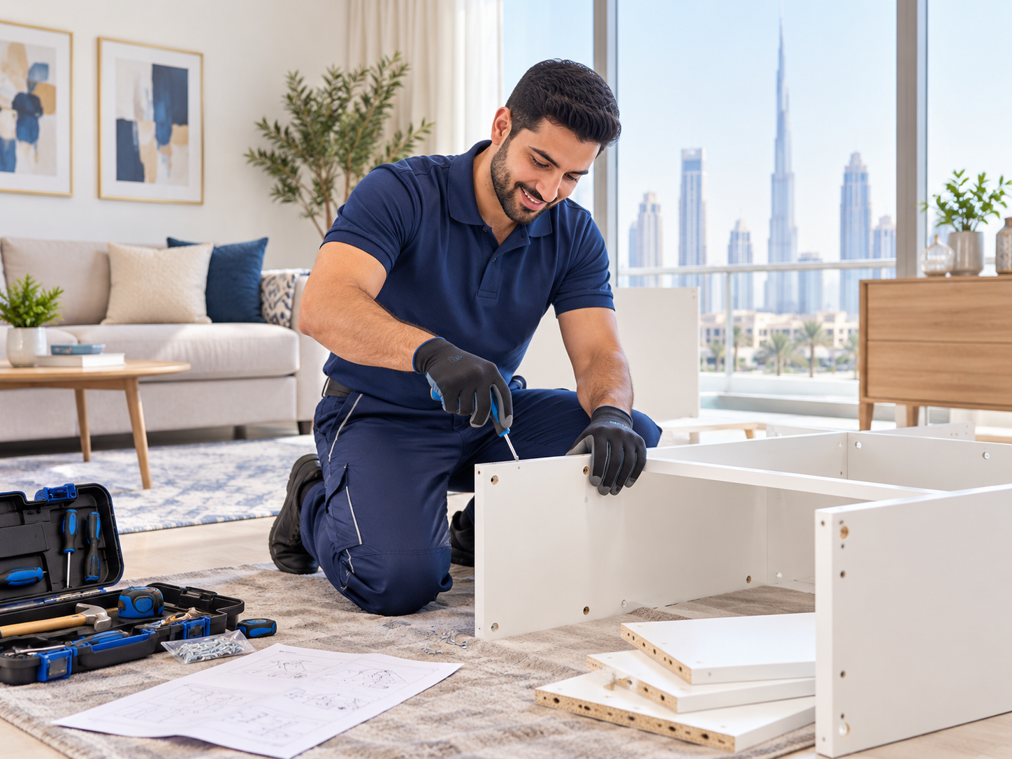 Handyman assembling furniture inside a modern Dubai home