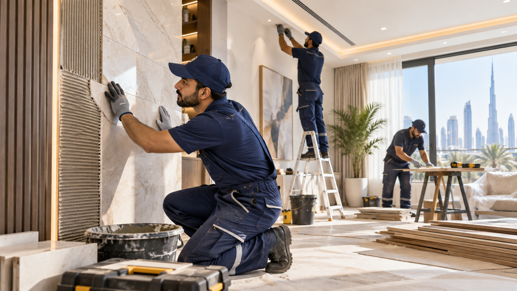 Renovation team remodeling a modern residential interior in Dubai