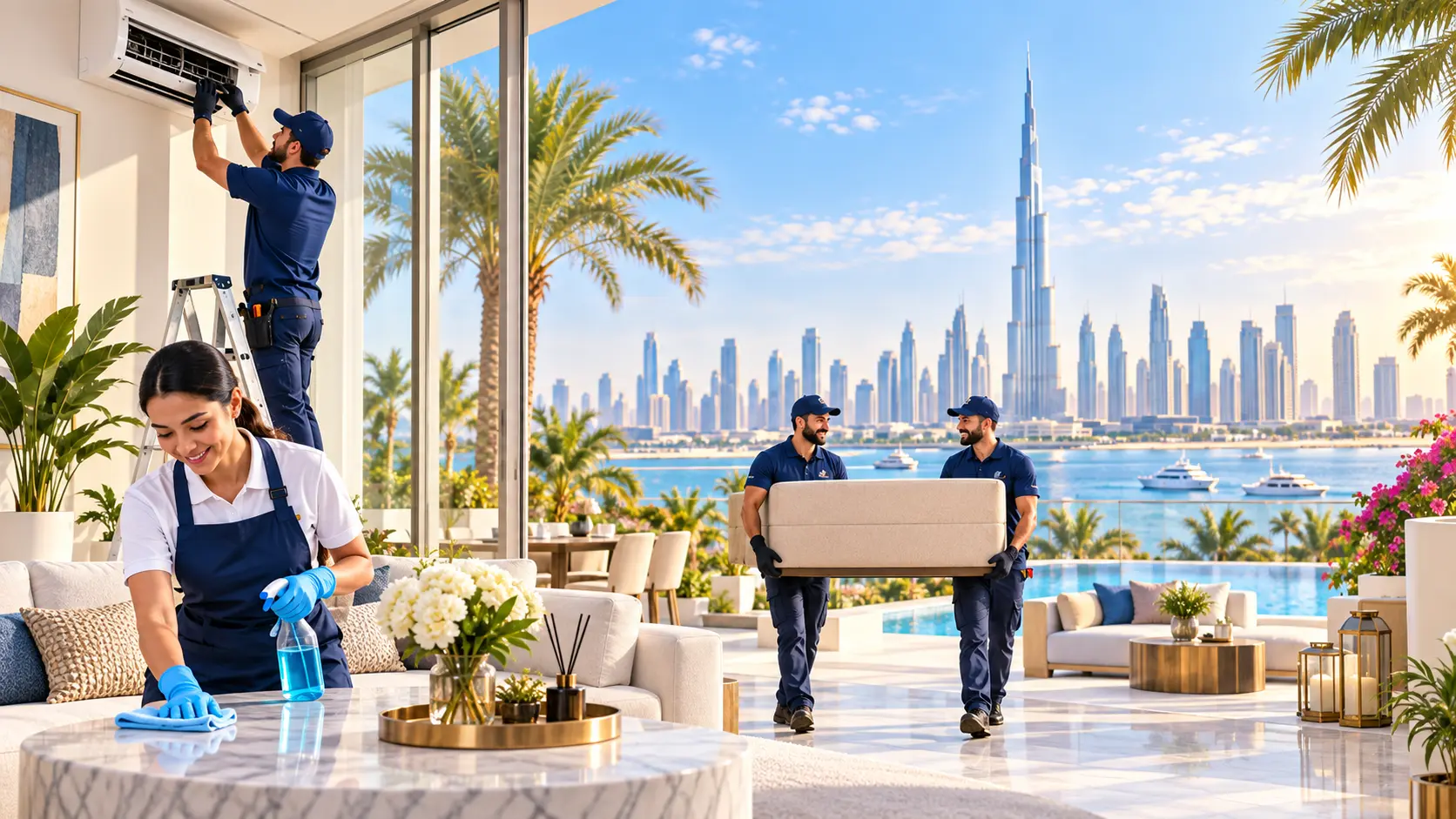 YallaTamam home services team in Dubai with Dubai skyline