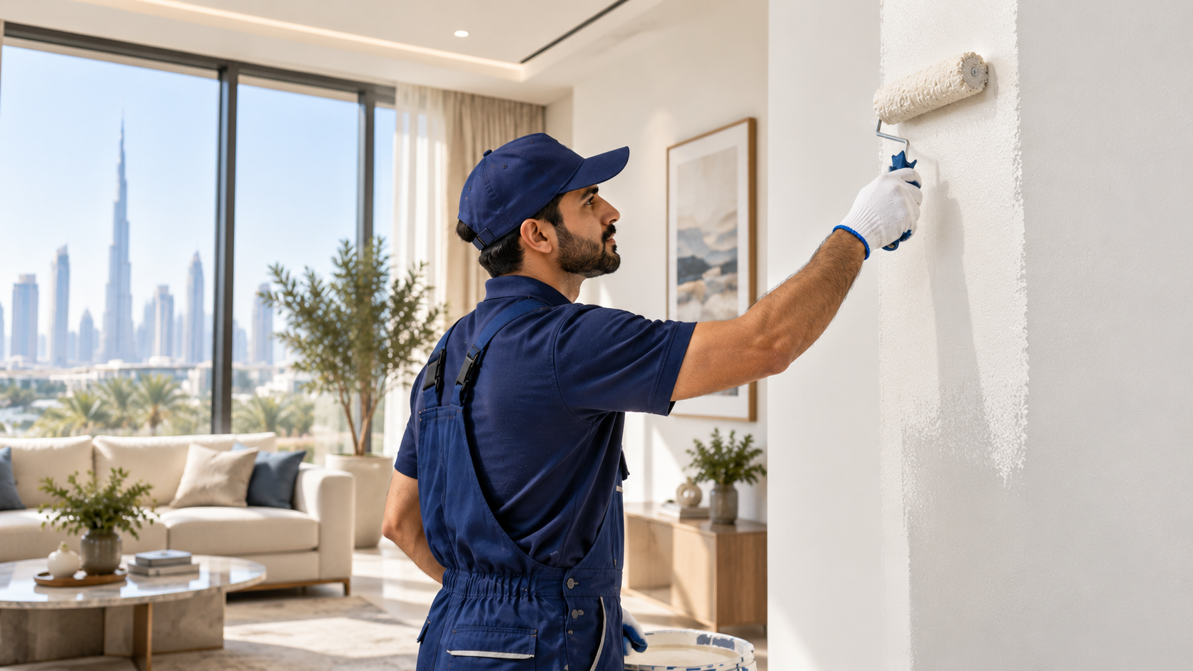 Professional painter painting an interior wall in a modern Dubai home