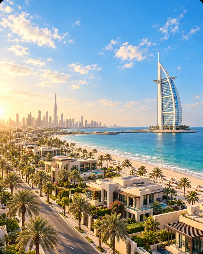 Jumeirah coastal view with beachside villas and Burj Al Arab