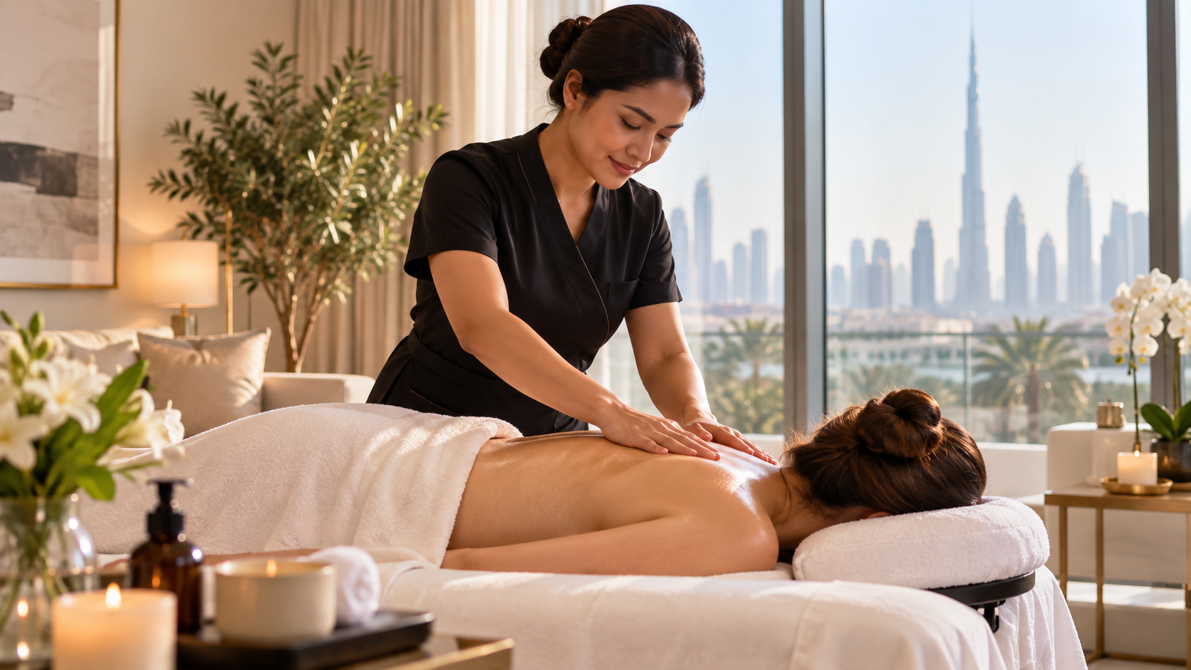 Professional female massage therapist providing massage at home in Dubai