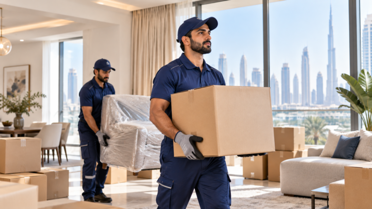 Professional movers carrying boxes and furniture inside a Dubai apartment