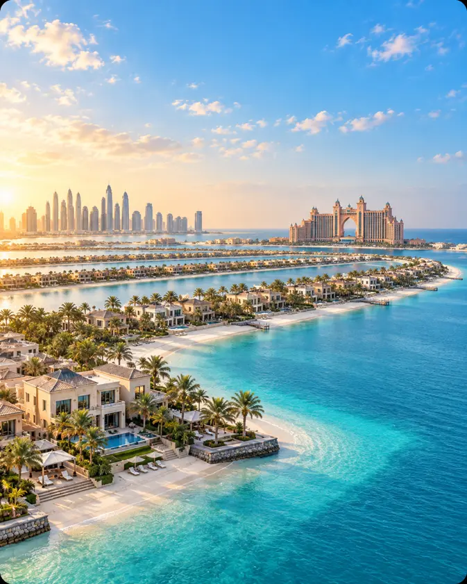 Palm Jumeirah waterfront view with villas and Atlantis in the distance
