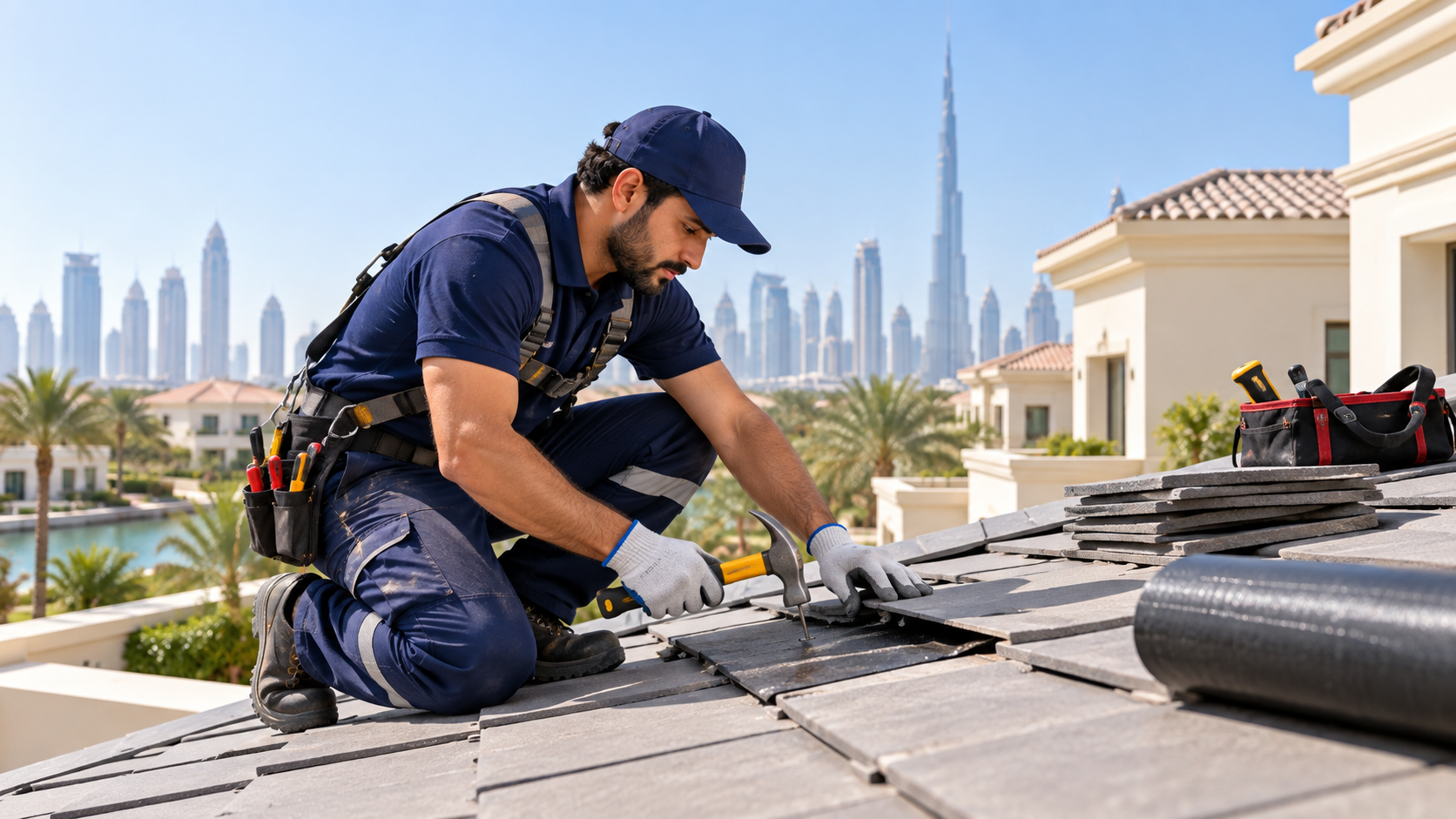 Professional roofer repairing roof tiles on a Dubai villa