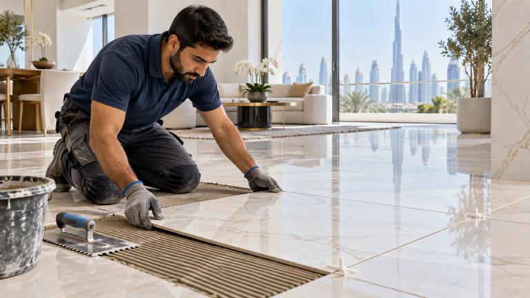 Professional tiler installing floor tiles in a modern Dubai apartment