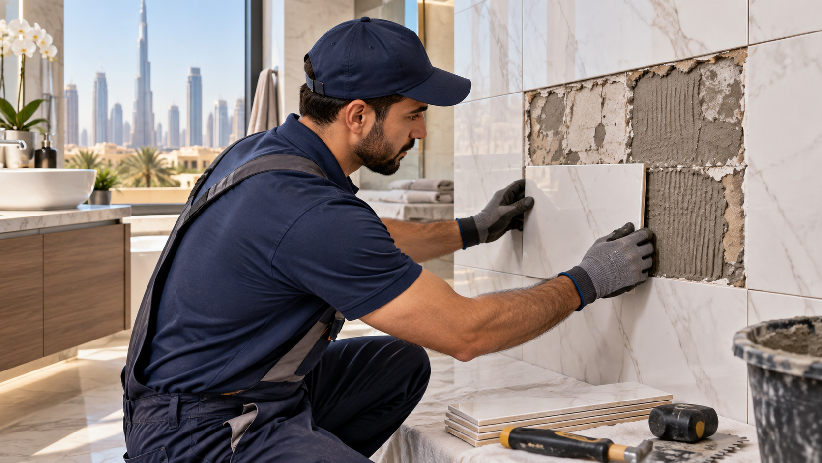 Technician replacing damaged wall tiles in a modern Dubai bathroom