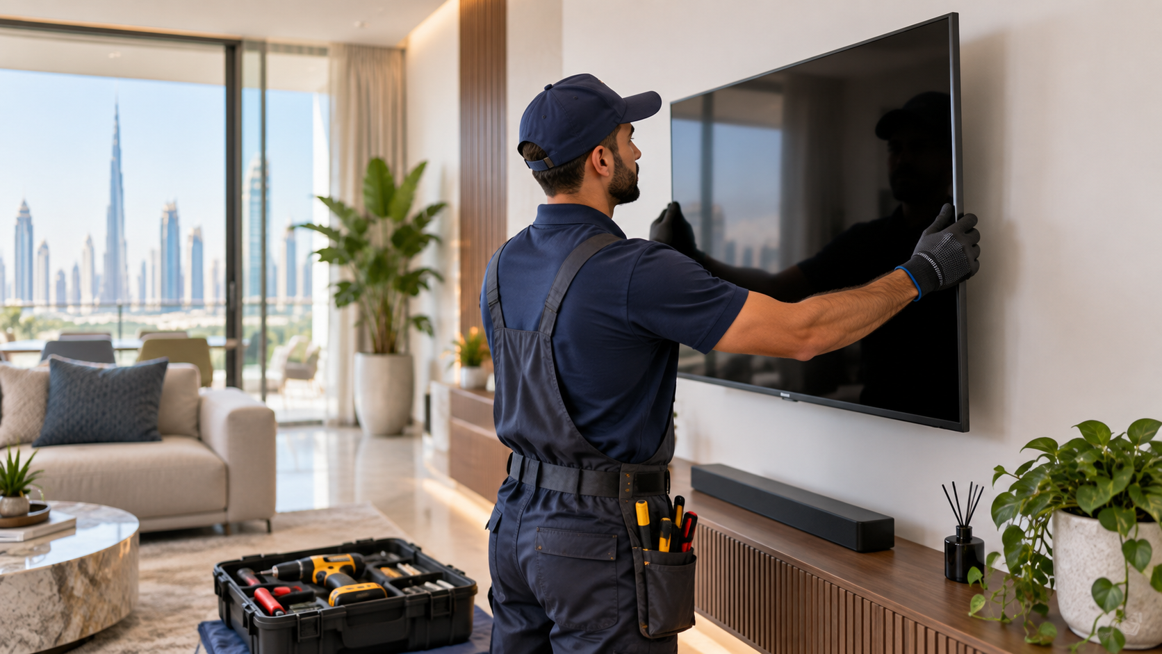Handyman mounting a flat screen TV on the wall in a Dubai apartment